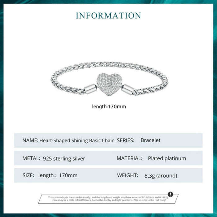 BSB133-17 Sterling Silver S925  Zircon Heart Sparkling Bracelet