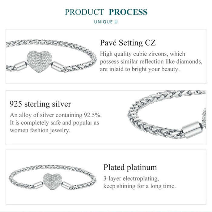 BSB133-17 Sterling Silver S925  Zircon Heart Sparkling Bracelet