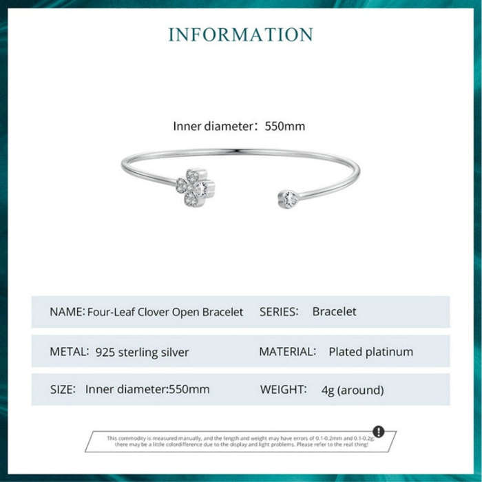 BSB134 Sterling Silver S925 Plated Platinum Zircon Four-leaf Clover Open Bracelet Hand Decoration
