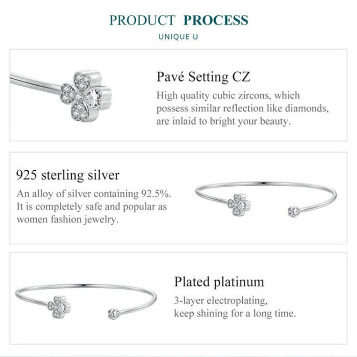 BSB134 Sterling Silver S925 Plated Platinum Zircon Four-leaf Clover Open Bracelet Hand Decoration