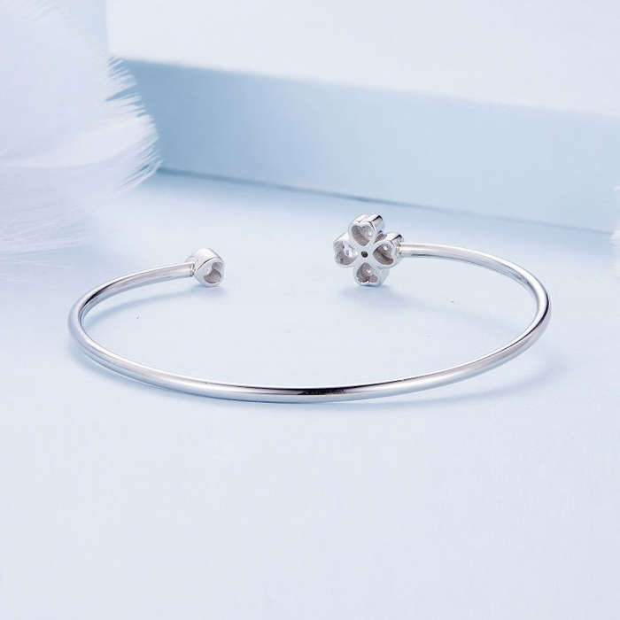 BSB134 Sterling Silver S925 Plated Platinum Zircon Four-leaf Clover Open Bracelet Hand Decoration