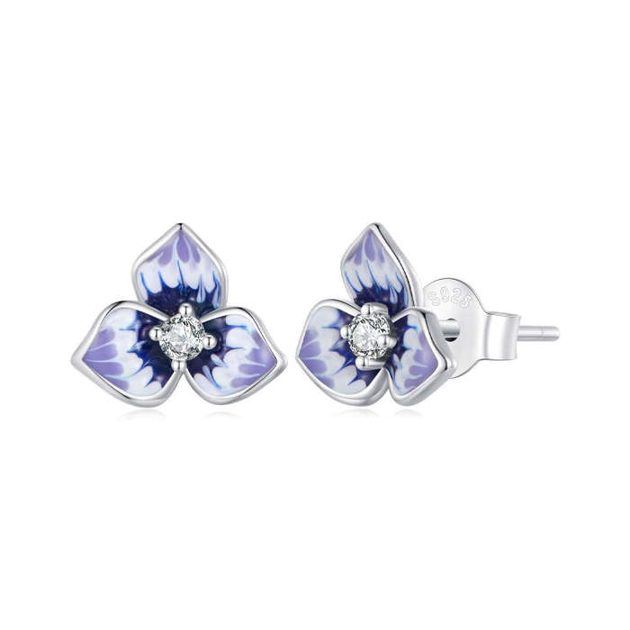 BSE860 Sterling Silver S925  Zircon Pansy Stud Earrings