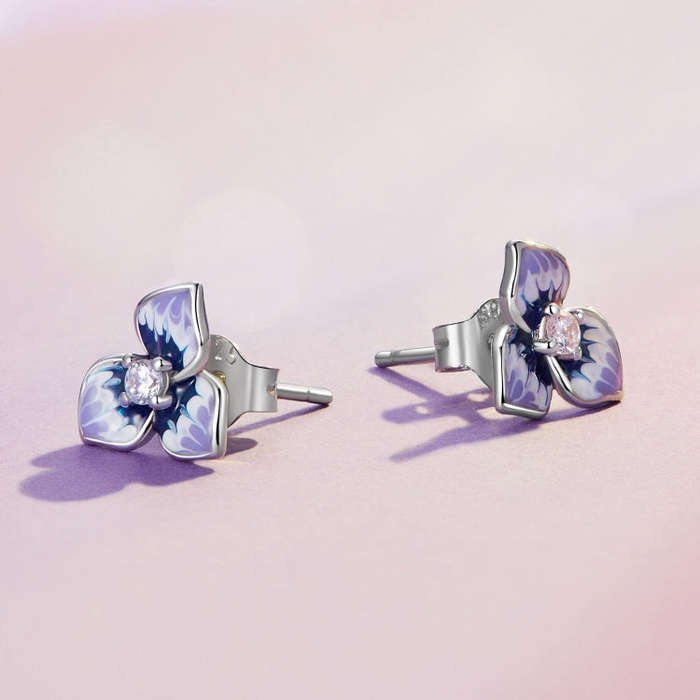BSE860 Sterling Silver S925  Zircon Pansy Stud Earrings