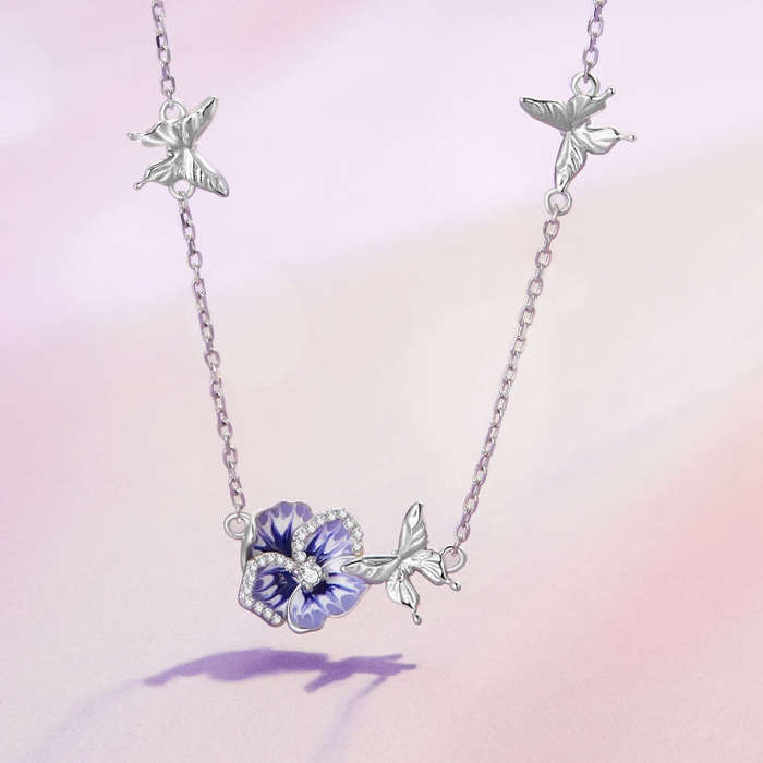 BSN336 Sterling Silver S925  Zircon Stretchable Pansy Necklace Pendant
