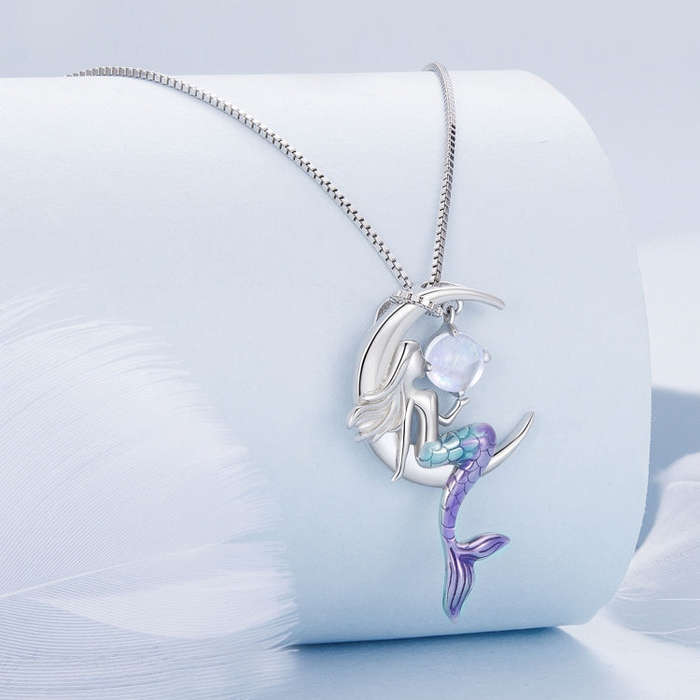 BSN338 Sterling Silver S925  Moonstone Mermaid Necklace