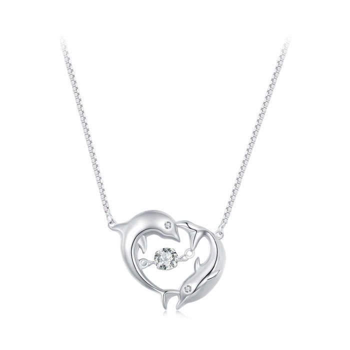 BSN340 Sterling Silver S925  Zircon Cute Dolphin Necklace