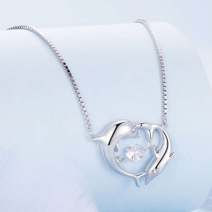 BSN340 Sterling Silver S925  Zircon Cute Dolphin Necklace
