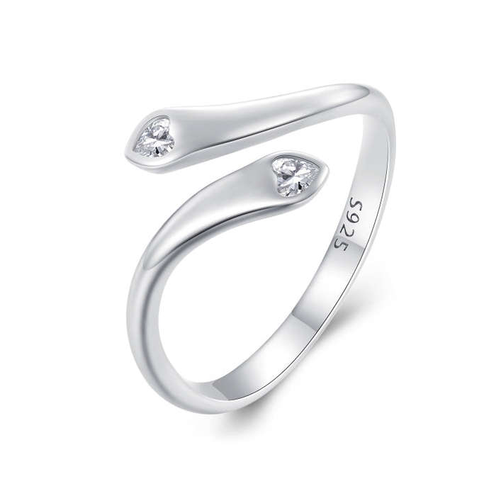 SCR946-E Sterling Silver S925  Zircon Double Heart Opening Adjustable Ring