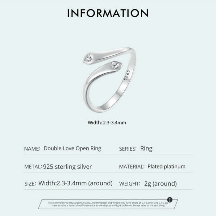 SCR946-E Sterling Silver S925  Zircon Double Heart Opening Adjustable Ring