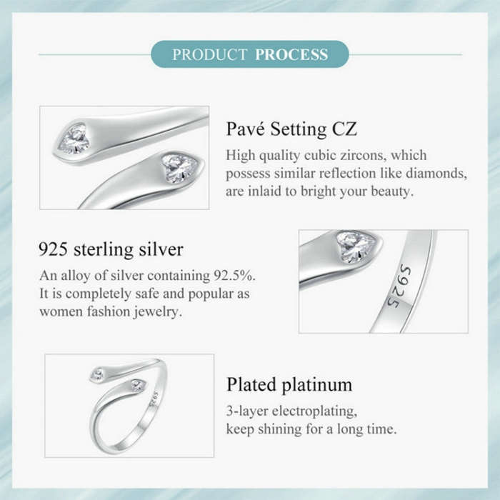 SCR946-E Sterling Silver S925  Zircon Double Heart Opening Adjustable Ring