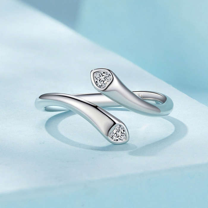SCR946-E Sterling Silver S925  Zircon Double Heart Opening Adjustable Ring