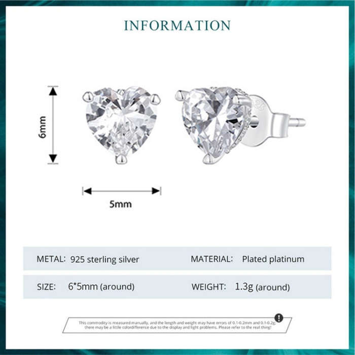 BSE853 Sterling Silver S925  Sparkling Heart Stud Earrings