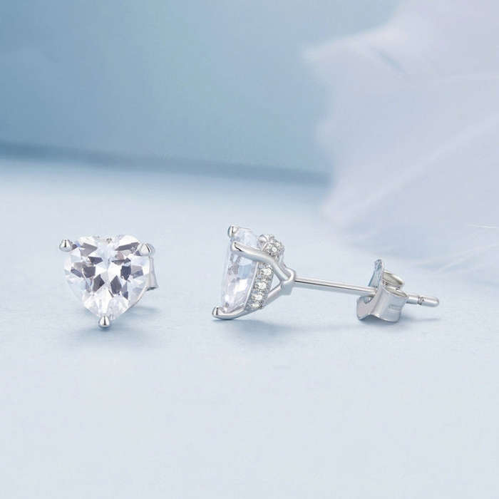 BSE853 Sterling Silver S925  Sparkling Heart Stud Earrings