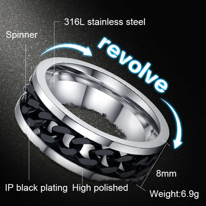 Punk Rock Stainless Steel Rotatable Chain Rings, Ring Size:6(Black)