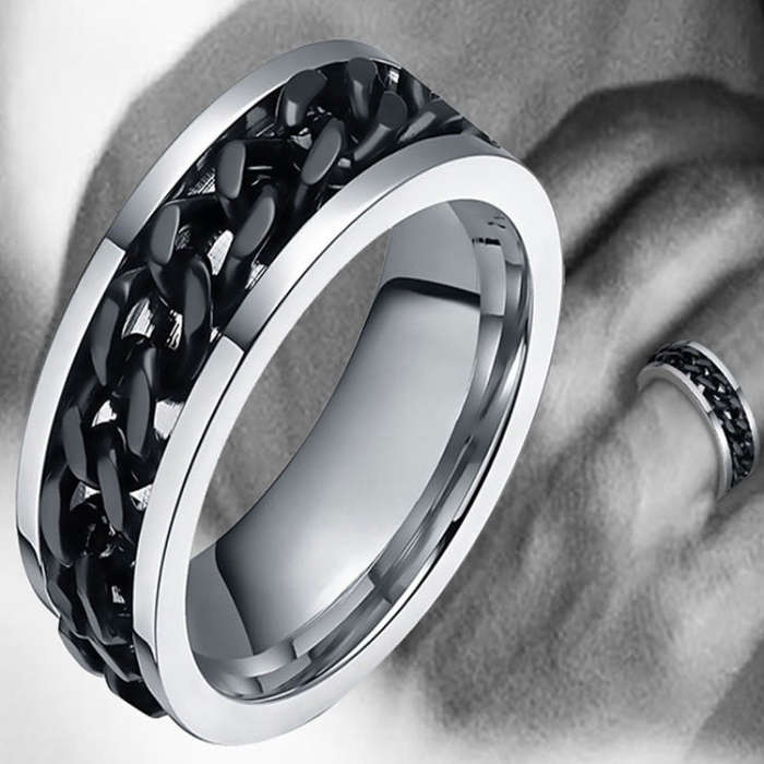 Punk Rock Stainless Steel Rotatable Chain Rings, Ring Size:6(Black)