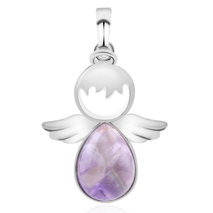 Women Angel Wings Pendants Natural Crystal Stone Necklaces(Amethyst)