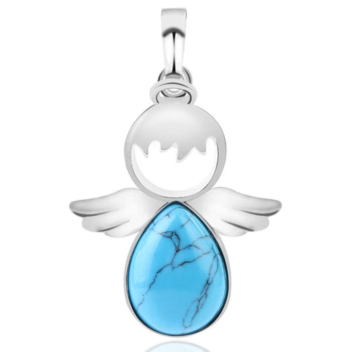 Women Angel Wings Pendants Natural Crystal Stone Necklaces(Blue Turquoise)