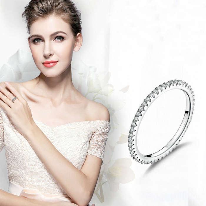 S925 Sterling Silver Ladies Fashion Ring Diamond Simple Ring, Size: 7