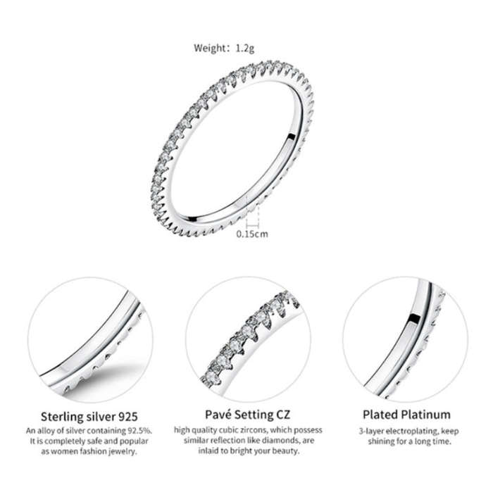 S925 Sterling Silver Ladies Fashion Ring Diamond Simple Ring, Size: 8