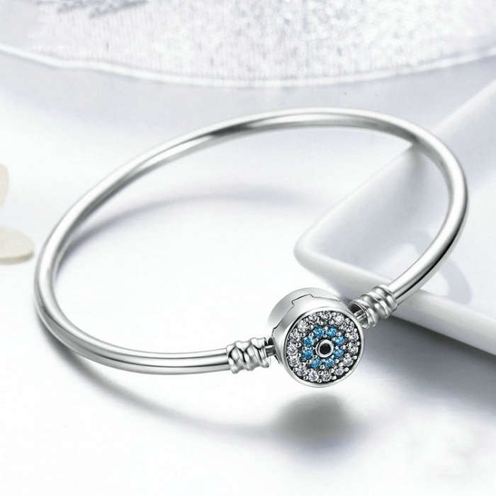 Guardian Eye S925 Sterling Silver Bangle Bracelet Set with Blue Gems, Size:17cm
