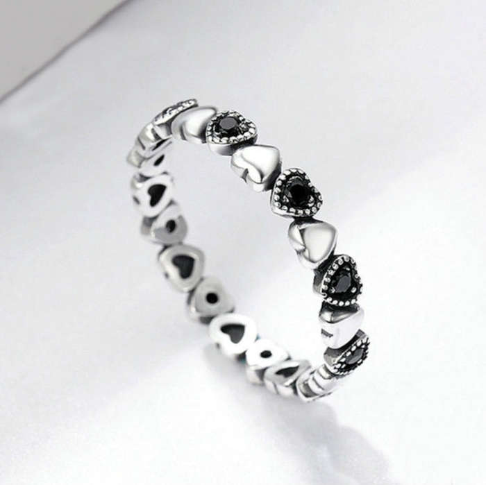 S925 Women Sterling Silver Inlaid Gemstone Ring Diamond Ring Heart-shaped Ring, Size:7