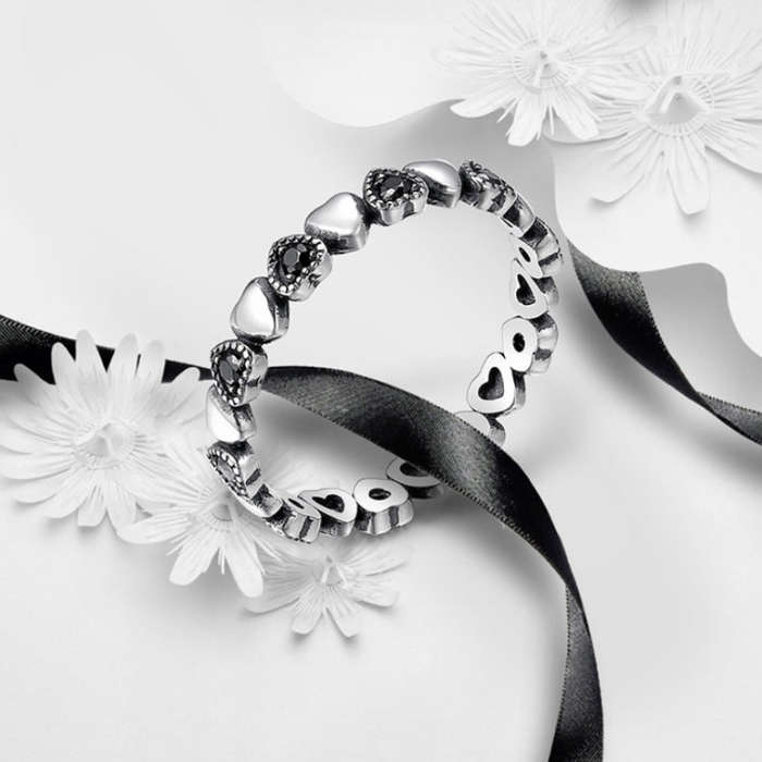 S925 Women Sterling Silver Inlaid Gemstone Ring Diamond Ring Heart-shaped Ring, Size:7
