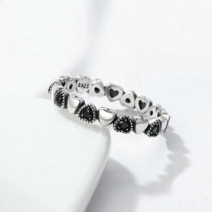 S925 Women Sterling Silver Inlaid Gemstone Ring Diamond Ring Heart-shaped Ring, Size:8