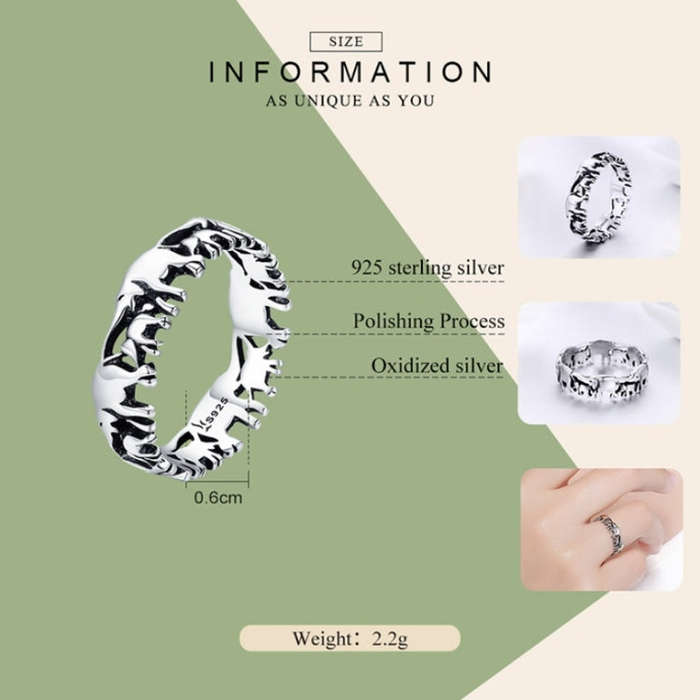 S925 Sterling Silver Ring Elephant Family Vintage Inlaid Ring, Size: 9 US Size