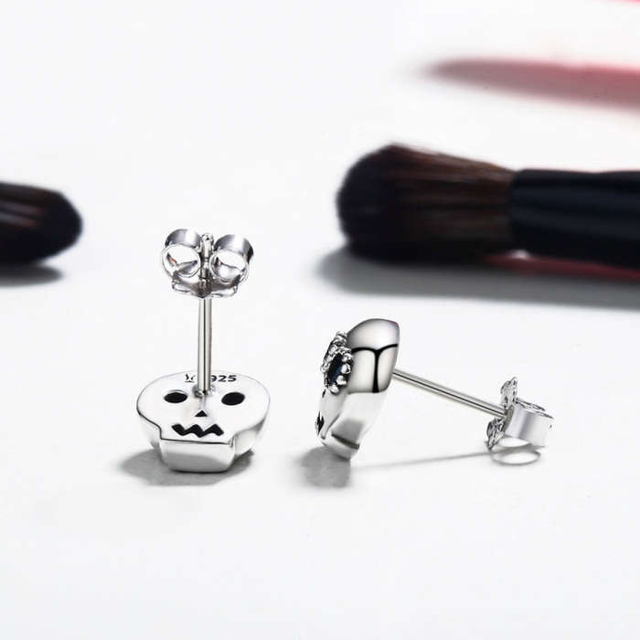 Skull Shape S925 Sterling Silver Stud Earrings Zircon Earrings