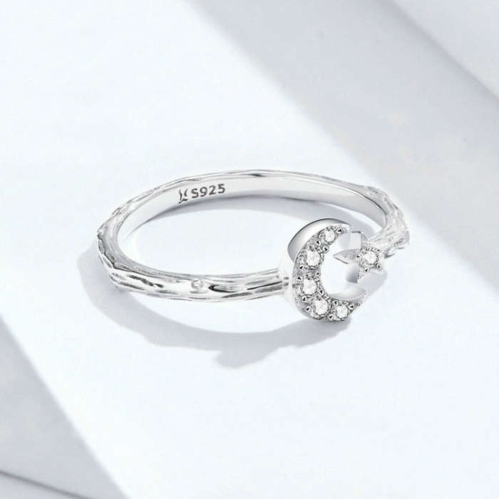 Fashion Retro Open Ring Sterling Silver S925 Star and Moon Platinum Plated Zircon Ring