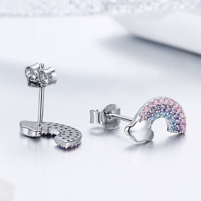 Rainbow S925 Sterling Silver Stud Earrings Diamonds Hypoallergenic Earrings