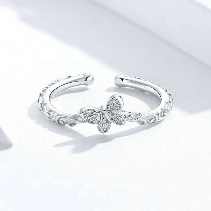 S925 Sterling Silver Vintage Pattern Butterfly Ring Platinum Plated Open Ring