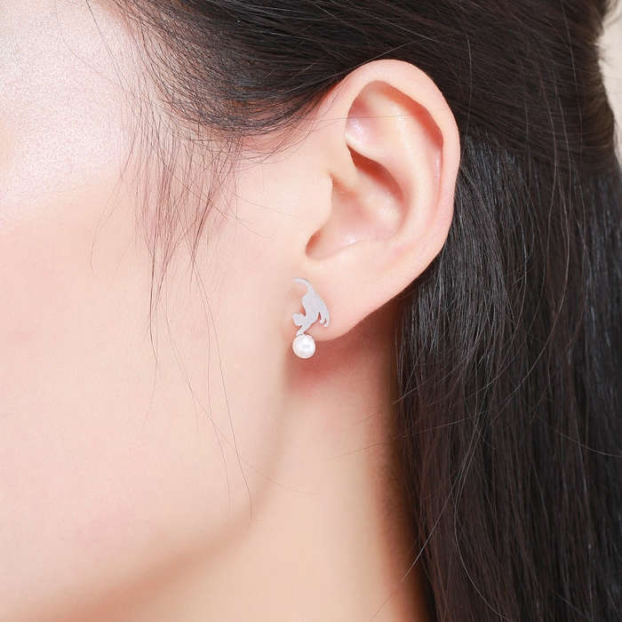 Small Animal Jewelry Sterling Silver Pearl S925 Meow Earrings
