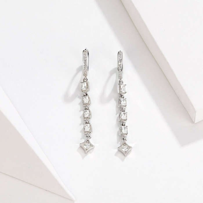 Zircon Earrings Long Sterling Silver S925 Platinum Plated Earrings