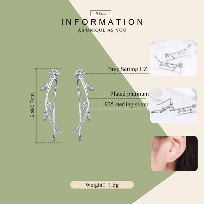 Leaf Earrings Sterling Silver S925 Earrings Zircon Platinum Plated Earrings