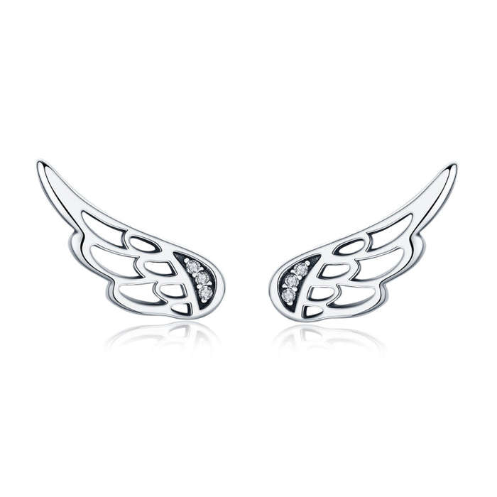Sterling Silver Wing Earrings Simple S925 Silver Stud Earrings, Color:Silver