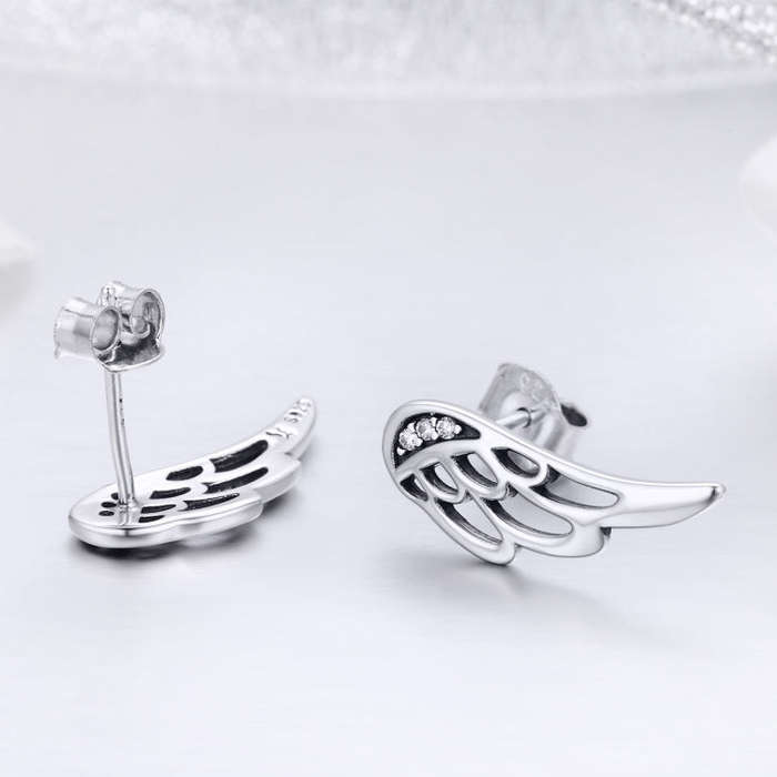Sterling Silver Wing Earrings Simple S925 Silver Stud Earrings, Color:Silver