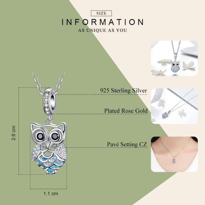 S925 Sterling Silver Blue Zircon Movable Owl Pendant DIY Bracelet Accessories, Style:Pendant