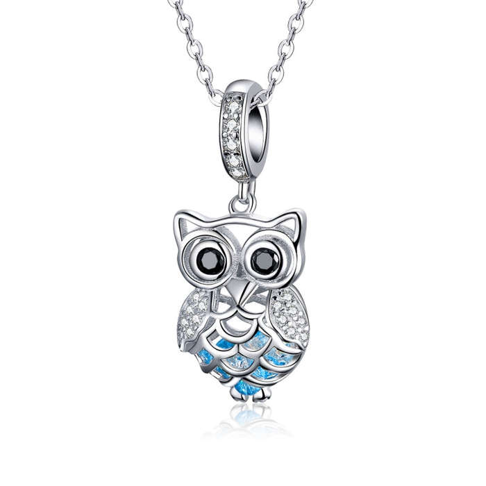 S925 Sterling Silver Blue Zircon Movable Owl Pendant DIY Bracelet Accessories, Style:Necklace+Ped...