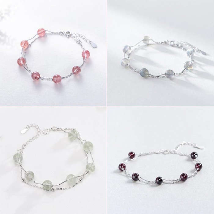 925 Sterling Silver Bracelet Women Crystal Bracelet Natural Beads Double-Layers Jewelry, Style:St...