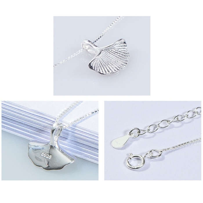 S925 Sterling Silver Ginkgo Leaf Pendant Necklace(White Gold)