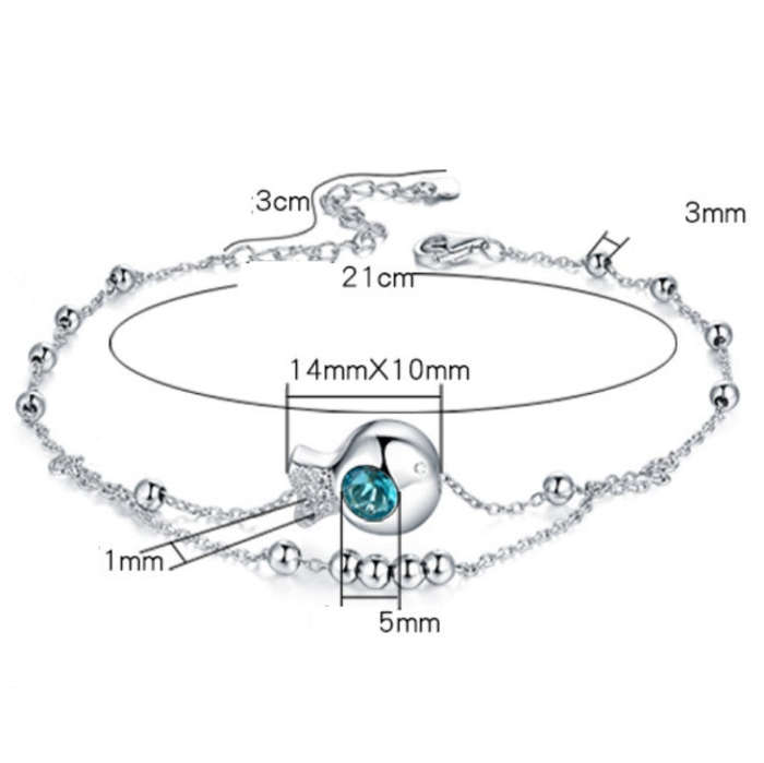 S925 Sterling Silver Inlaid Zircon Girls Foot Ornaments Double Round Bead Anklet(White Gold)