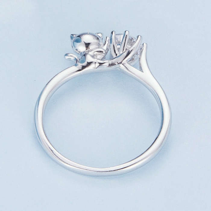 BSR351 Sterling Silver S925 Cat Zircon Platinum Plated Animal Ring(No.6)