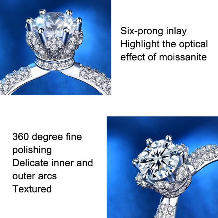 XJZ012 925 Sterling Silver Moissanite Ring Crown Ring Engagement Jewelry, Size: 8(White Gold)