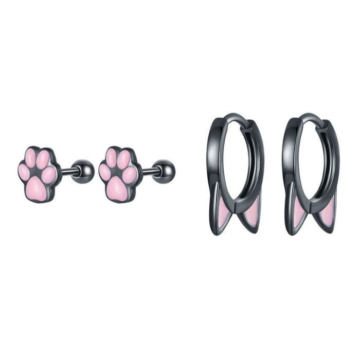 SCE1516 Cat Ears Claws Earrings 925 Silver Plated Black Gold Earrings