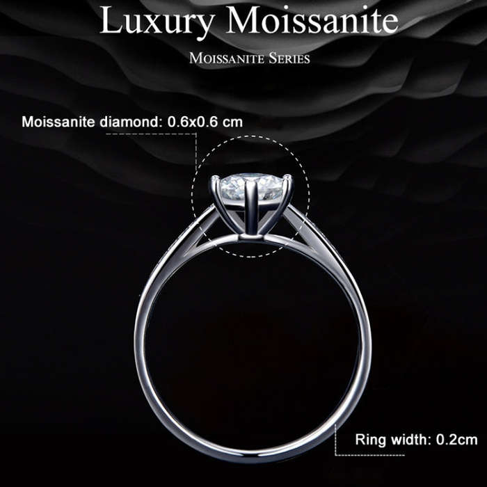 MSR004 Sterling Silver S925 Six Claw Moissanite Ring White Gold Vermeil Jewellery, Size: No.9