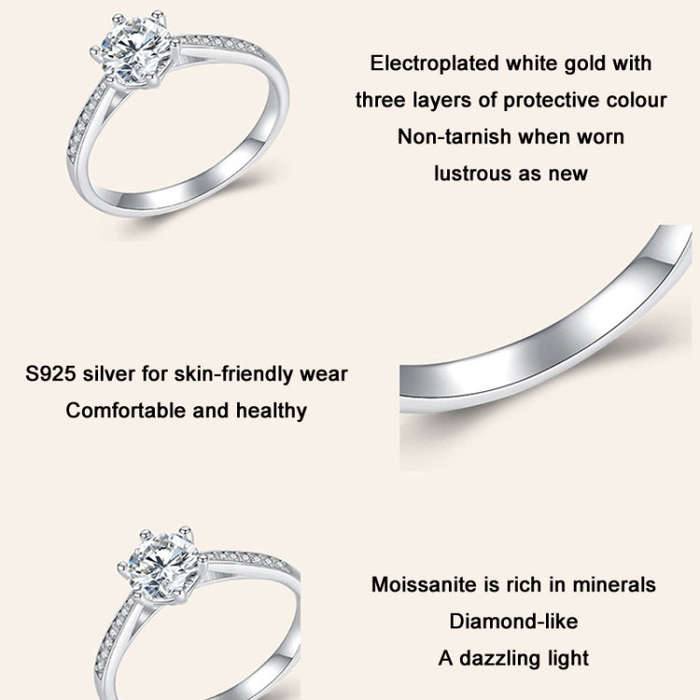 MSR004 Sterling Silver S925 Six Claw Moissanite Ring White Gold Vermeil Jewellery, Size: No.9