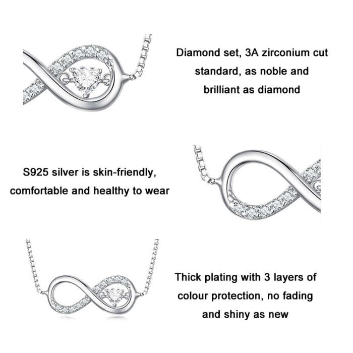BSN276 Sterling Silver S925 Zirconia Infinity Heart Endless Symbol Necklace