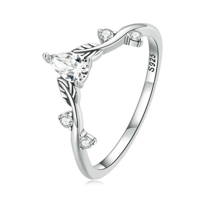 BSR308 Sterling Silver S925 Teardrop Vine Ring Zirconia Branch Leaf Jewellery(No.6)