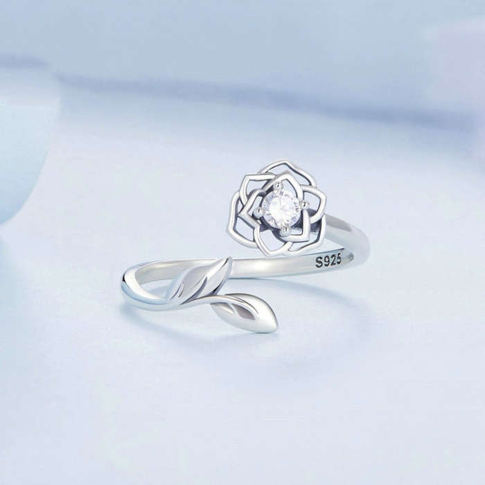 BSR325 Sterling Silver S925 Silver Camellia Zirconia Ring(Open Adjustable)